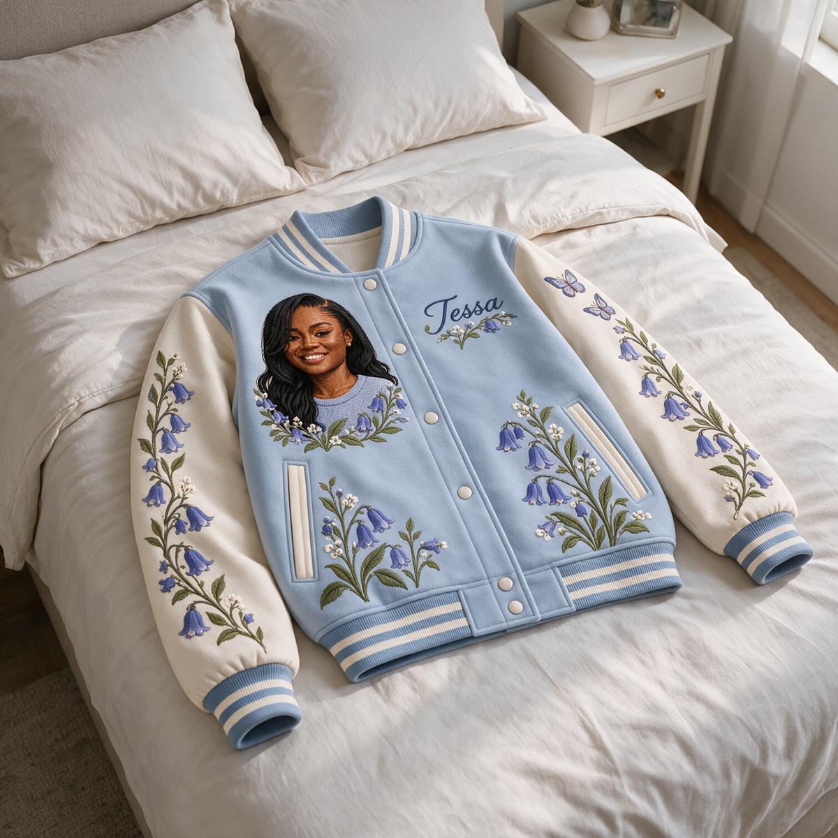 Personalized Bluebell Varsity Jacket for Women - Embroidered Portrait and Name