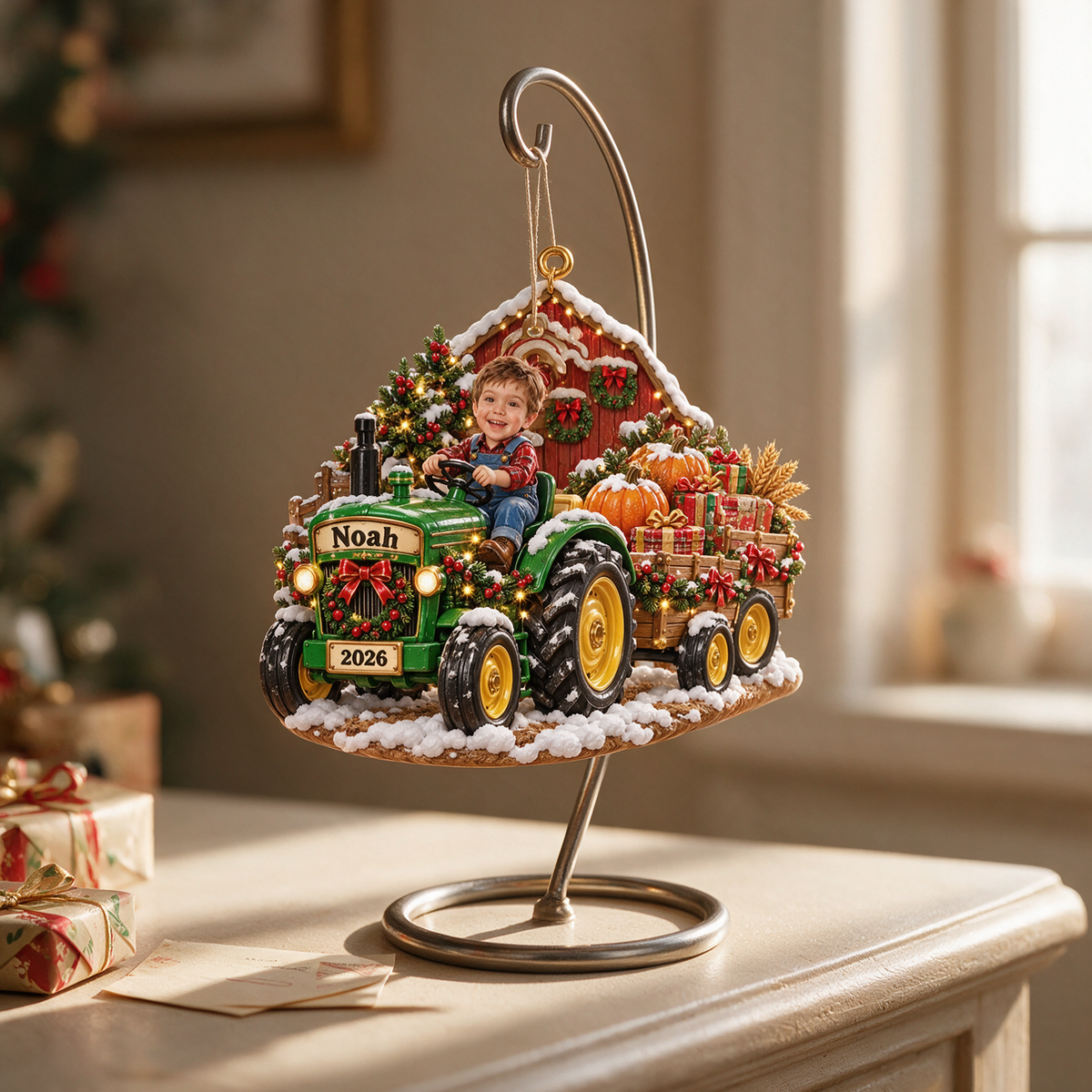 Personalized Custom Photo Tractor 3D Ornament - 2026 Christmas Gift for Boys