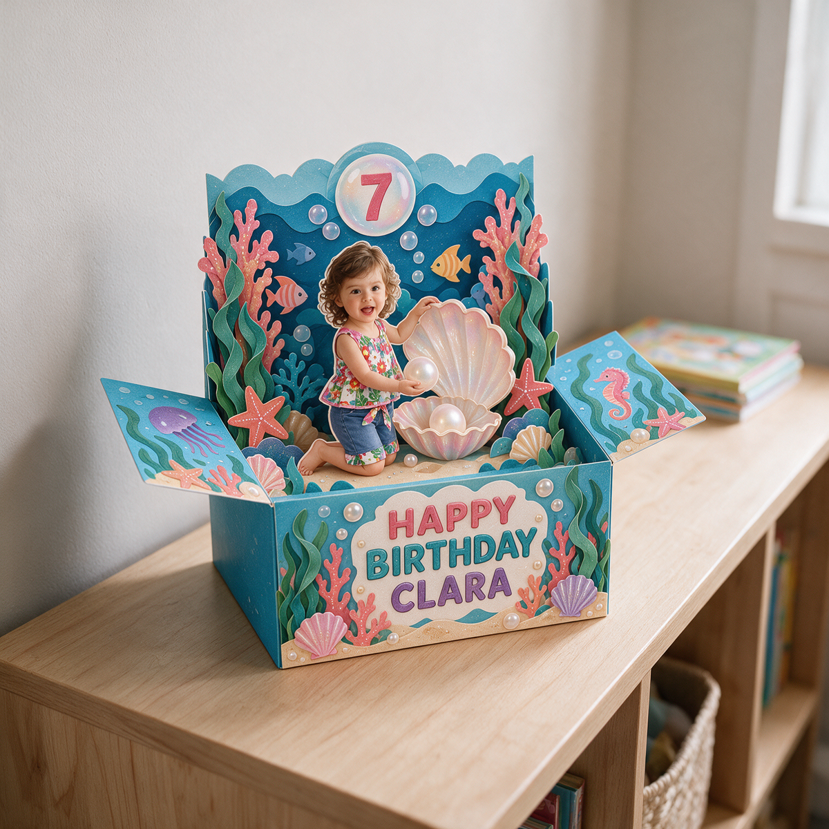 Personalized Undersea Pop-Up Box Card - Shell and Pearl Birthday Gift with Custom Photo, Name and Age