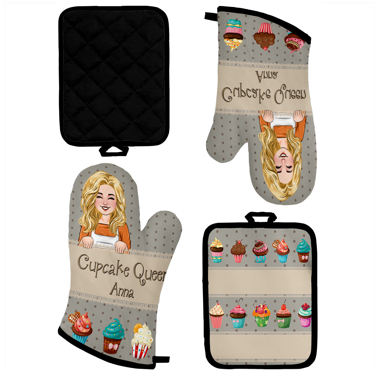 Cupcake Queen – Personalisiertes Set aus Ofenhandschuhen und Topflappen