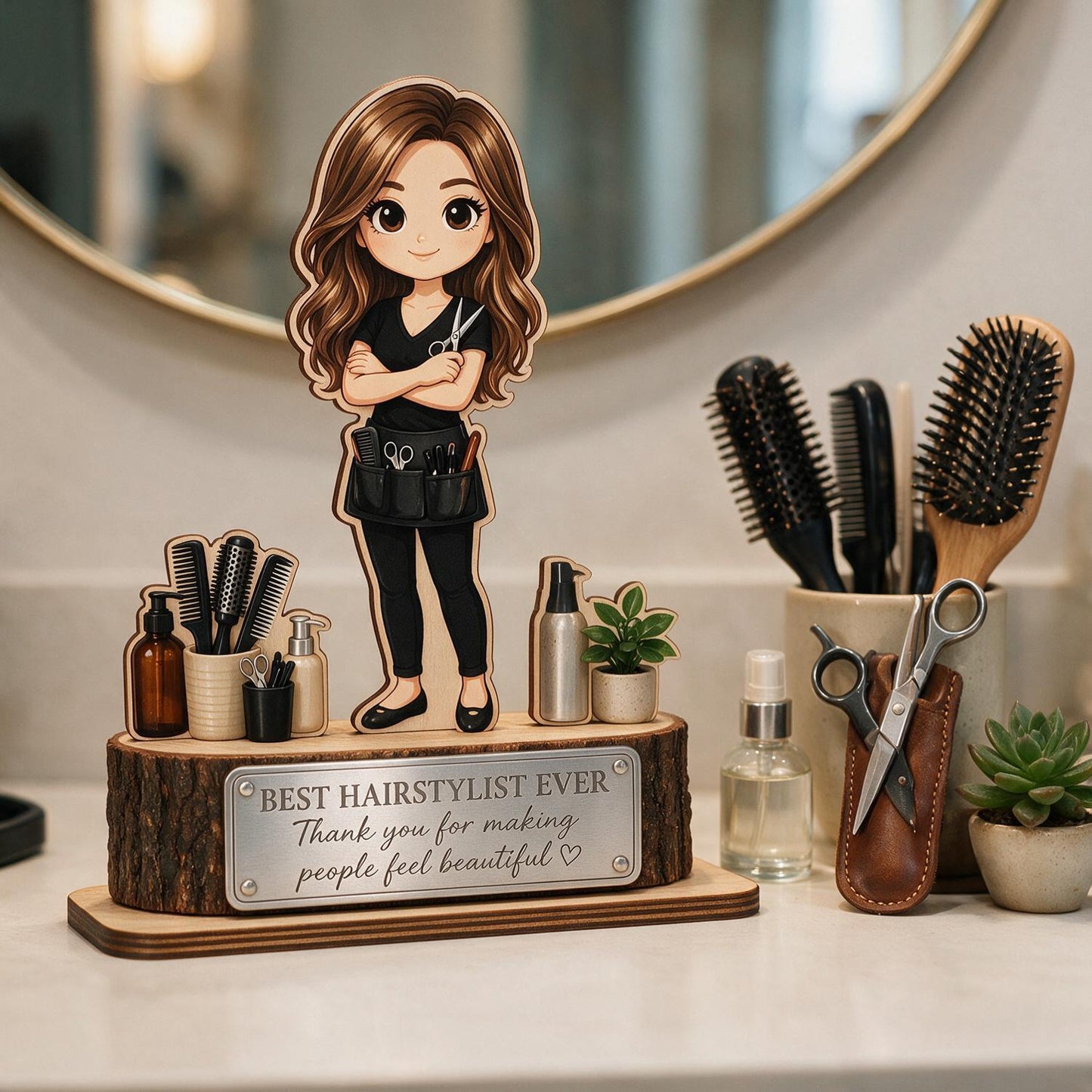 Best Hairstylist Ever 2-Layered Wooden Plaque - Chibi Hairstylist Desk Decor - Thoughtful Salon Appreciation Gift for Her