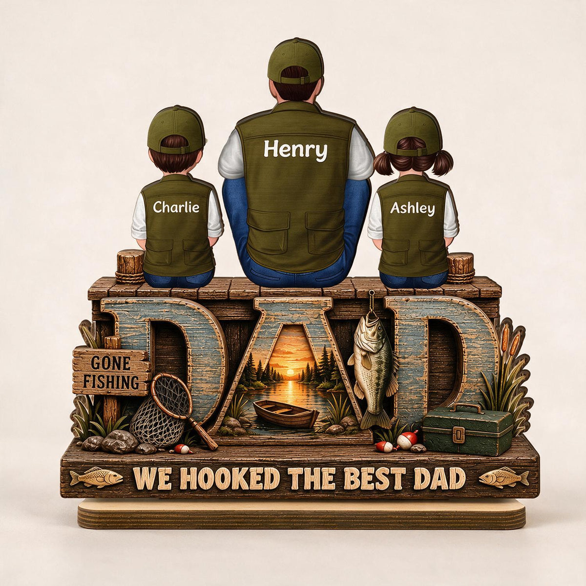 We Hooked The Best Dad Personalized 2-Layered Wooden Plaque - Father's Day Gift for Fishing Dad with Kids Names