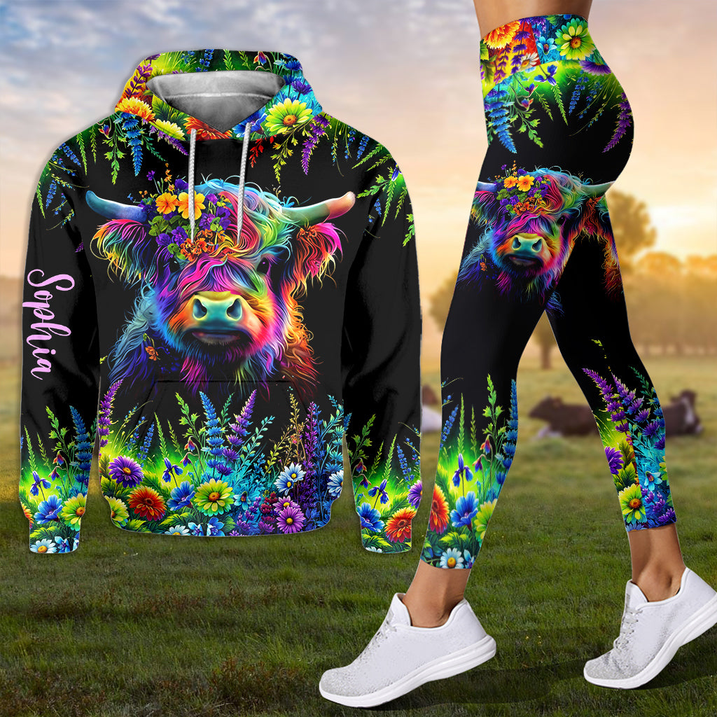 Wunderschönes neonfarbenes Hochlandrind – personalisierter Hochlandrind-Hoodie und Leggings