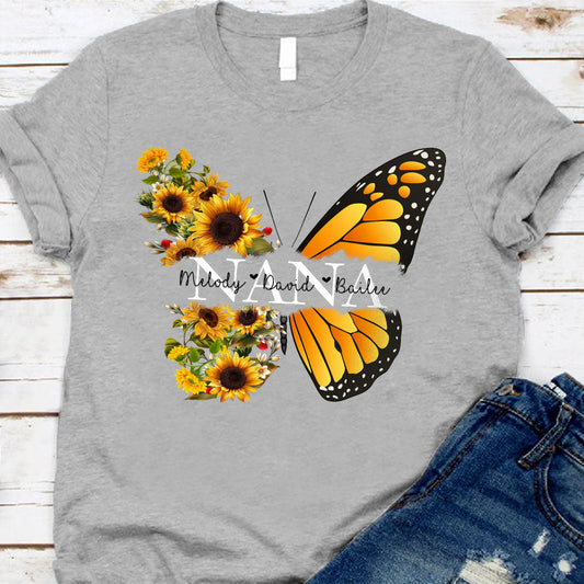 Nana Butterfly Sunflower – Geschenk für Oma und Mama – Personalisiertes T-Shirt und Hoodie