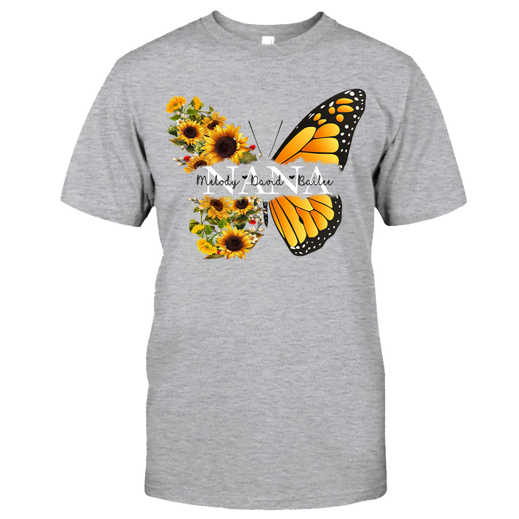 Nana Butterfly Sunflower – Geschenk für Oma und Mama – Personalisiertes T-Shirt und Hoodie