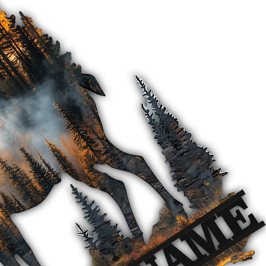 Personalisiertes Jagdschild „Hirsch bei Sonnenuntergang“ aus Metall mit individuellem Namen