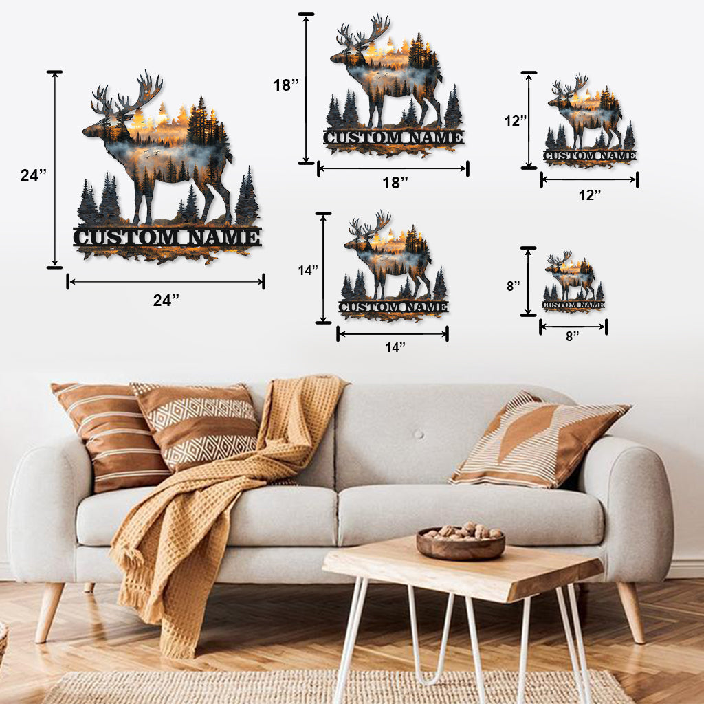 Personalisiertes Jagdschild „Hirsch bei Sonnenuntergang“ aus Metall mit individuellem Namen