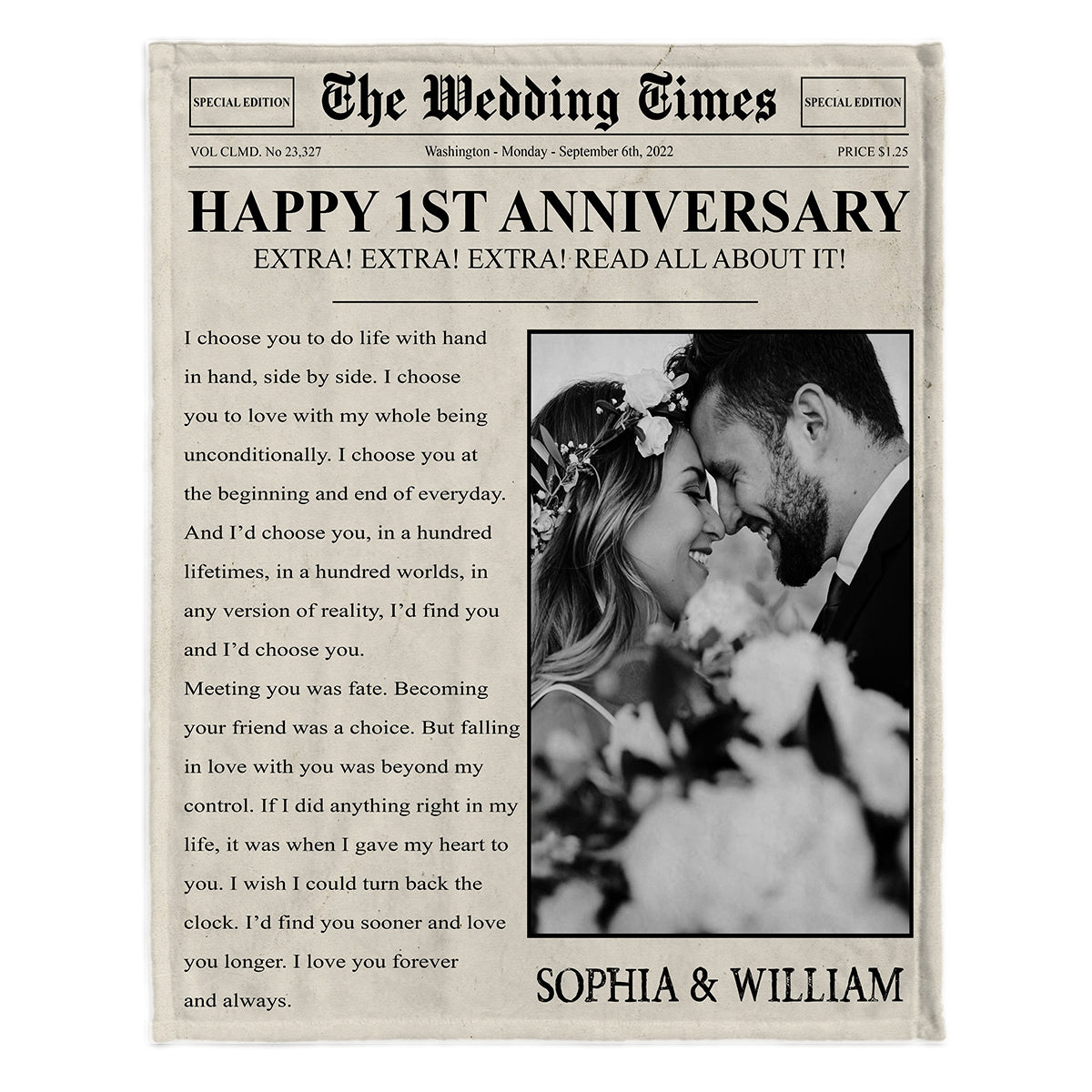 Herzlichen Glückwunsch zum Jahrestag! – Personalisierte Ehepaar-Decke aus der Wedding Times-Zeitung