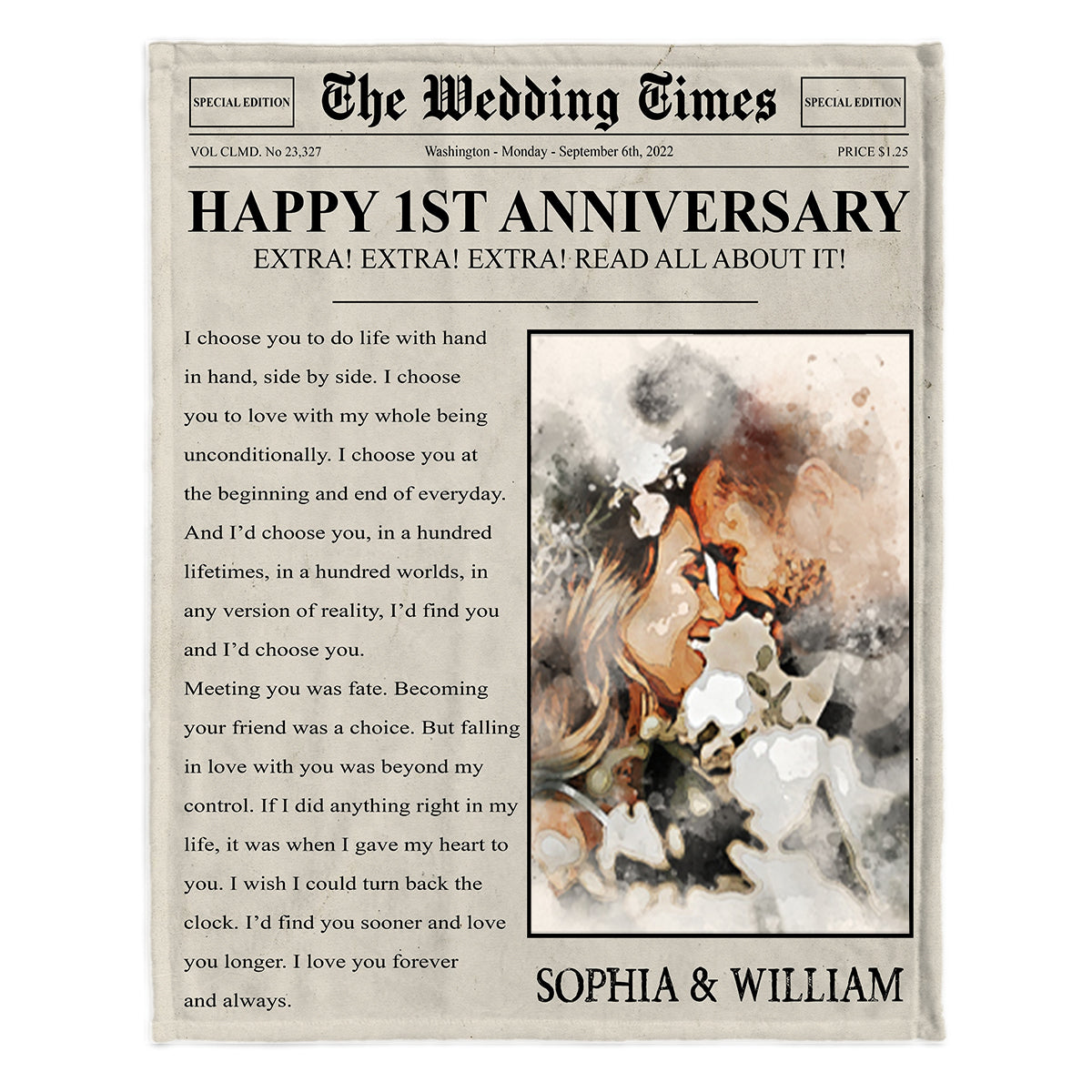 Herzlichen Glückwunsch zum Jahrestag! – Personalisierte Ehepaar-Decke aus der Wedding Times-Zeitung