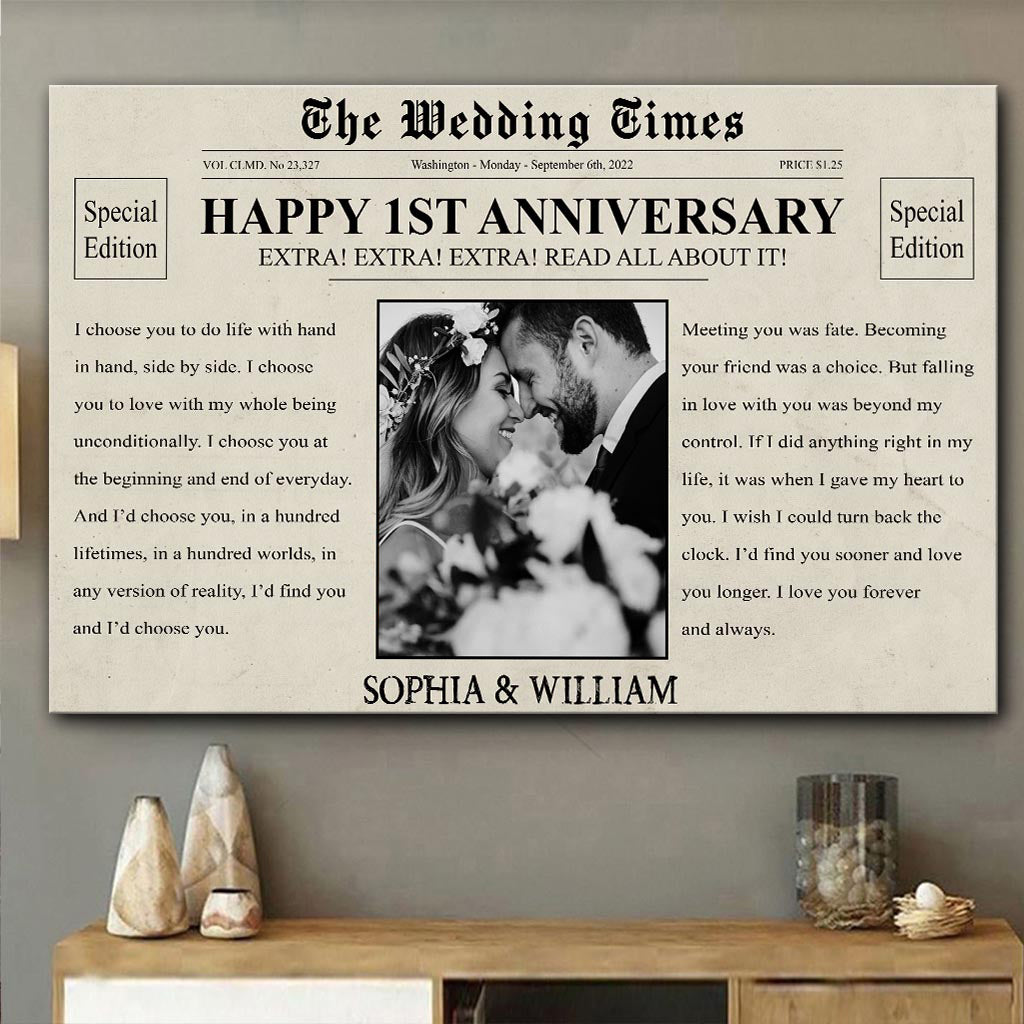 Alles Gute zum Jahrestag! – Personalisierte Leinwand und Poster für Ehepaare (The Wedding Times Newspaper)