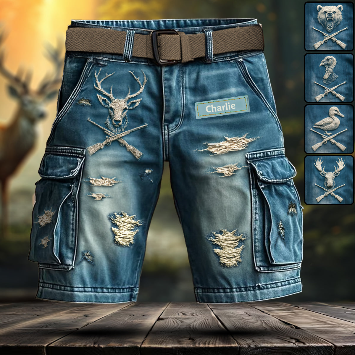 Distressed Hunting Gift - Personalized Hunting Cargo Shorts With Belt