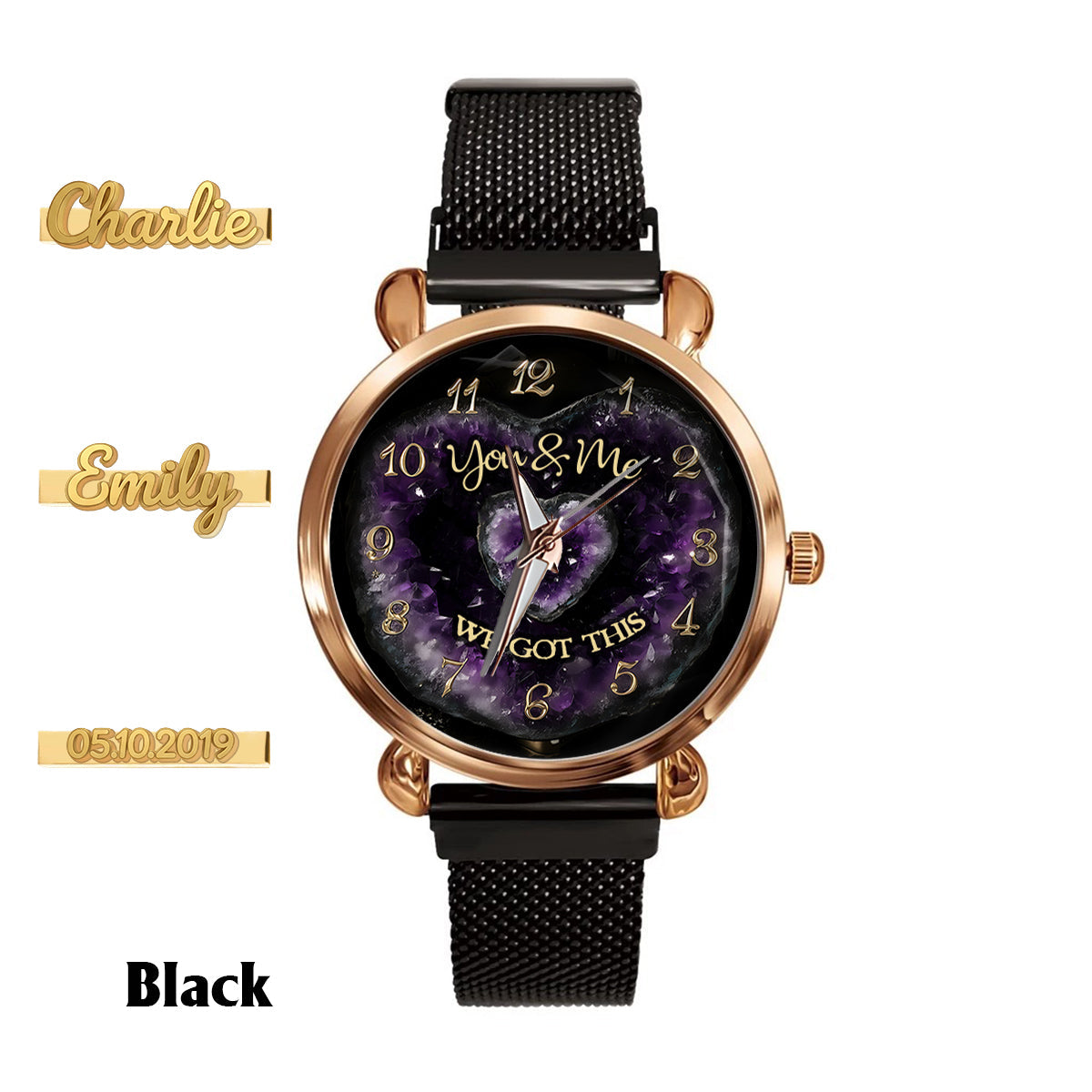 Du und ich, wir schaffen das – Personalisierte Partner-Damenarmbanduhr mit Anhängern