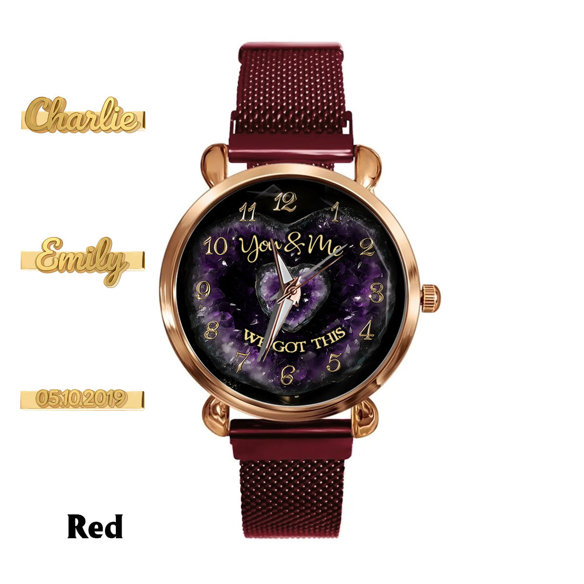 Du und ich, wir schaffen das – Personalisierte Partner-Damenarmbanduhr mit Anhängern