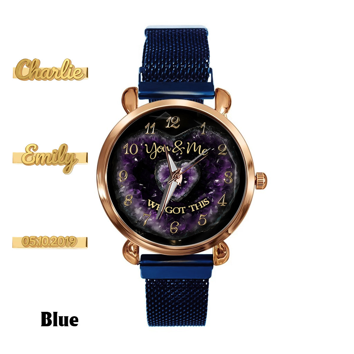 Du und ich, wir schaffen das – Personalisierte Partner-Damenarmbanduhr mit Anhängern