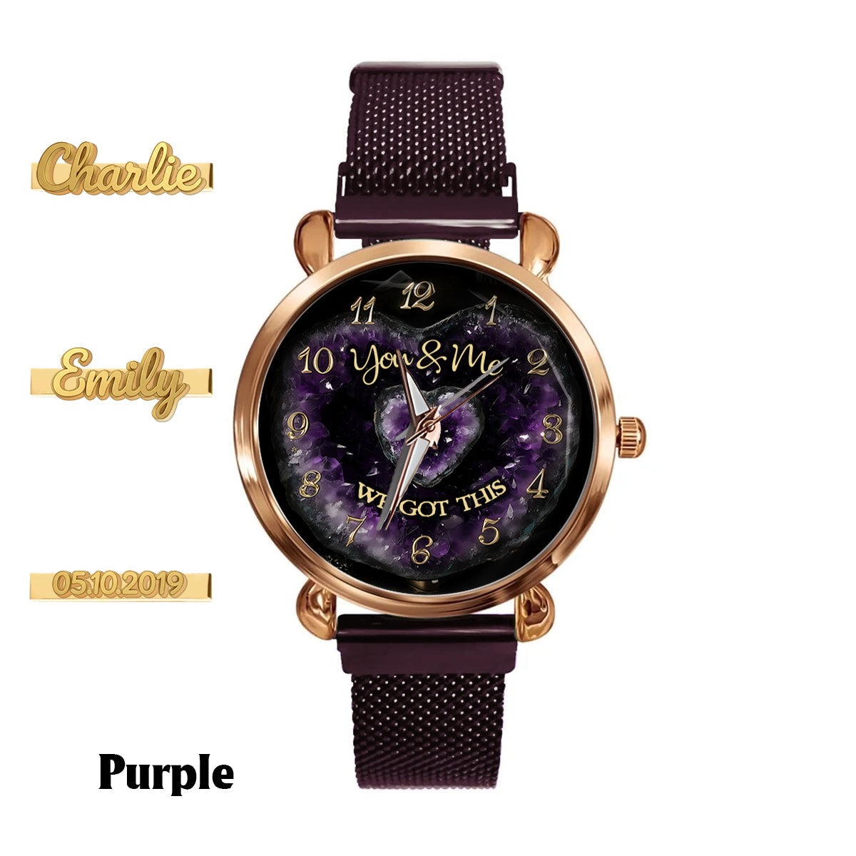 Du und ich, wir schaffen das – Personalisierte Partner-Damenarmbanduhr mit Anhängern