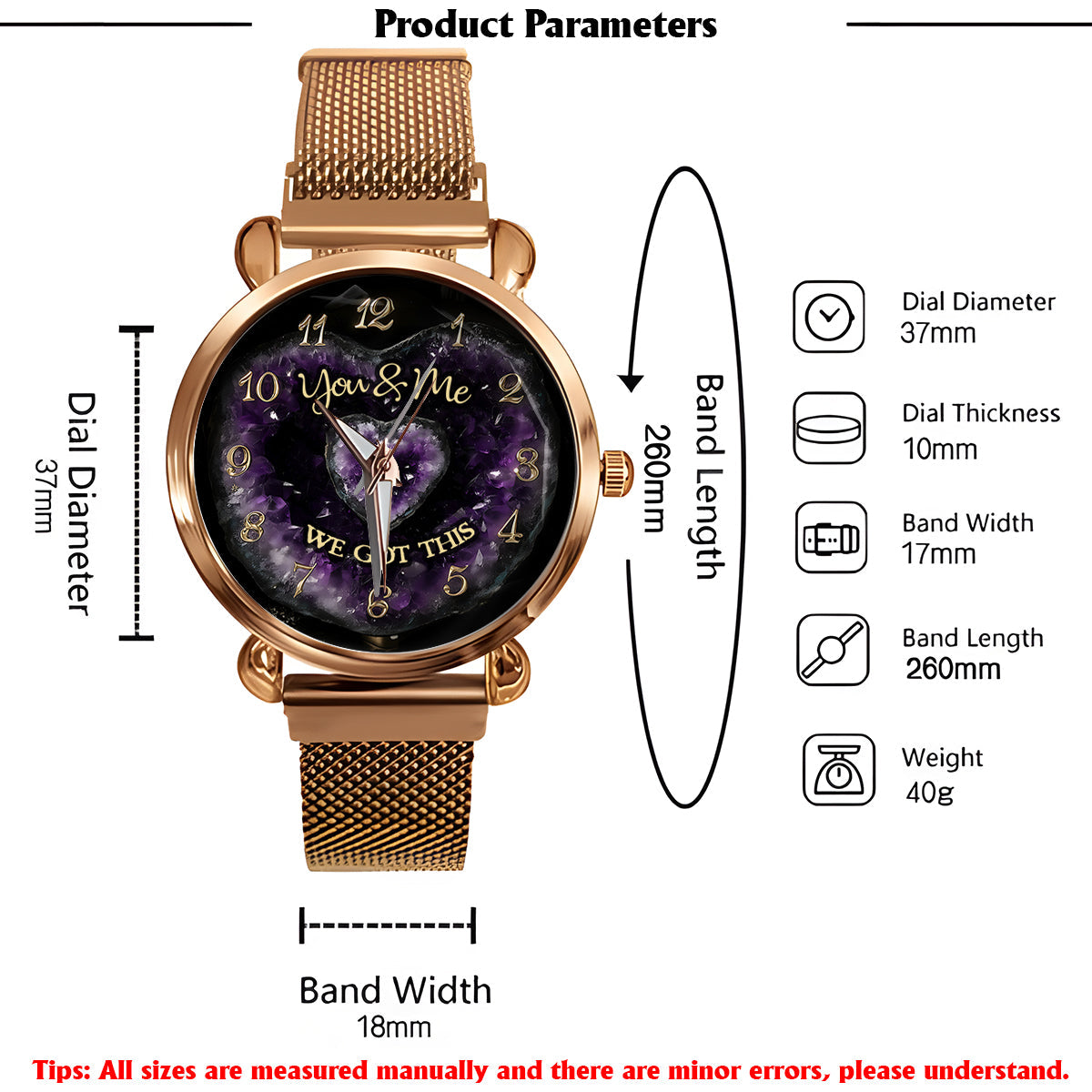 Du und ich, wir schaffen das – Personalisierte Partner-Damenarmbanduhr mit Anhängern