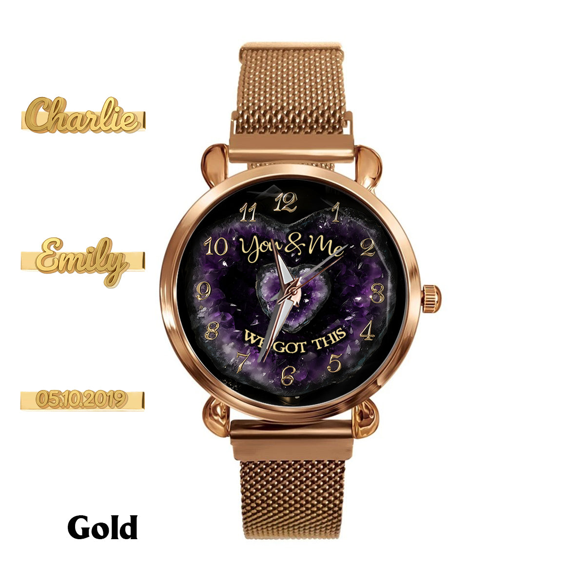 Du und ich, wir schaffen das – Personalisierte Partner-Damenarmbanduhr mit Anhängern