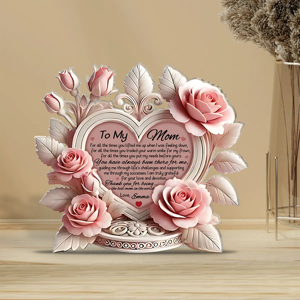 Herz aus rosa Rosen – Personalisierte Acrylplakette in individueller Form für die Mutter