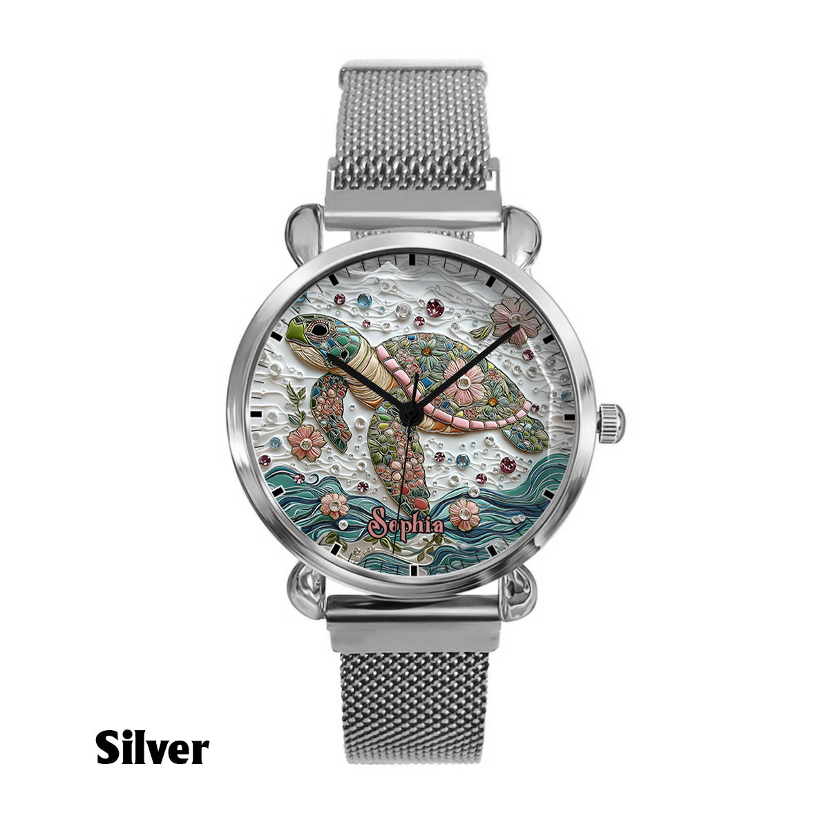 Wunderschöne Schildkröte – personalisierte Damen-Handuhr mit Schildkrötenmotiv 