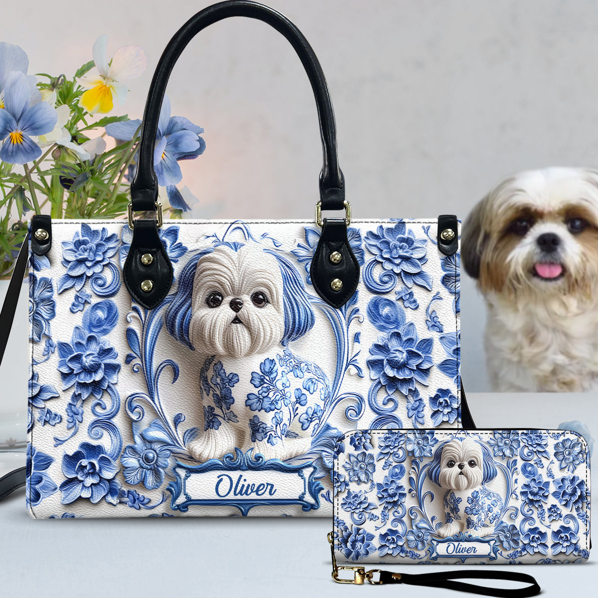 Niedlicher Shih Tzu – Personalisierte Hunde-Lederhandtasche & Ledergeldbörse