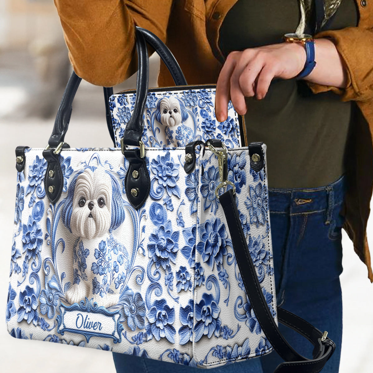 Niedlicher Shih Tzu – Personalisierte Hunde-Lederhandtasche & Ledergeldbörse