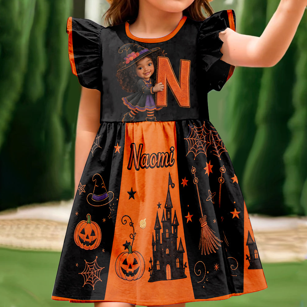 Halloween Initial Gift For Kids - Personalized Kid Kid Ruffle Sleeve Dress