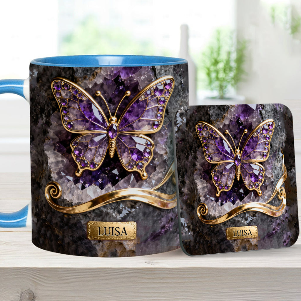 Leuchtender Schmetterling – Personalisierte Tasse und Untersetzer mit Schmetterlingsmotiv