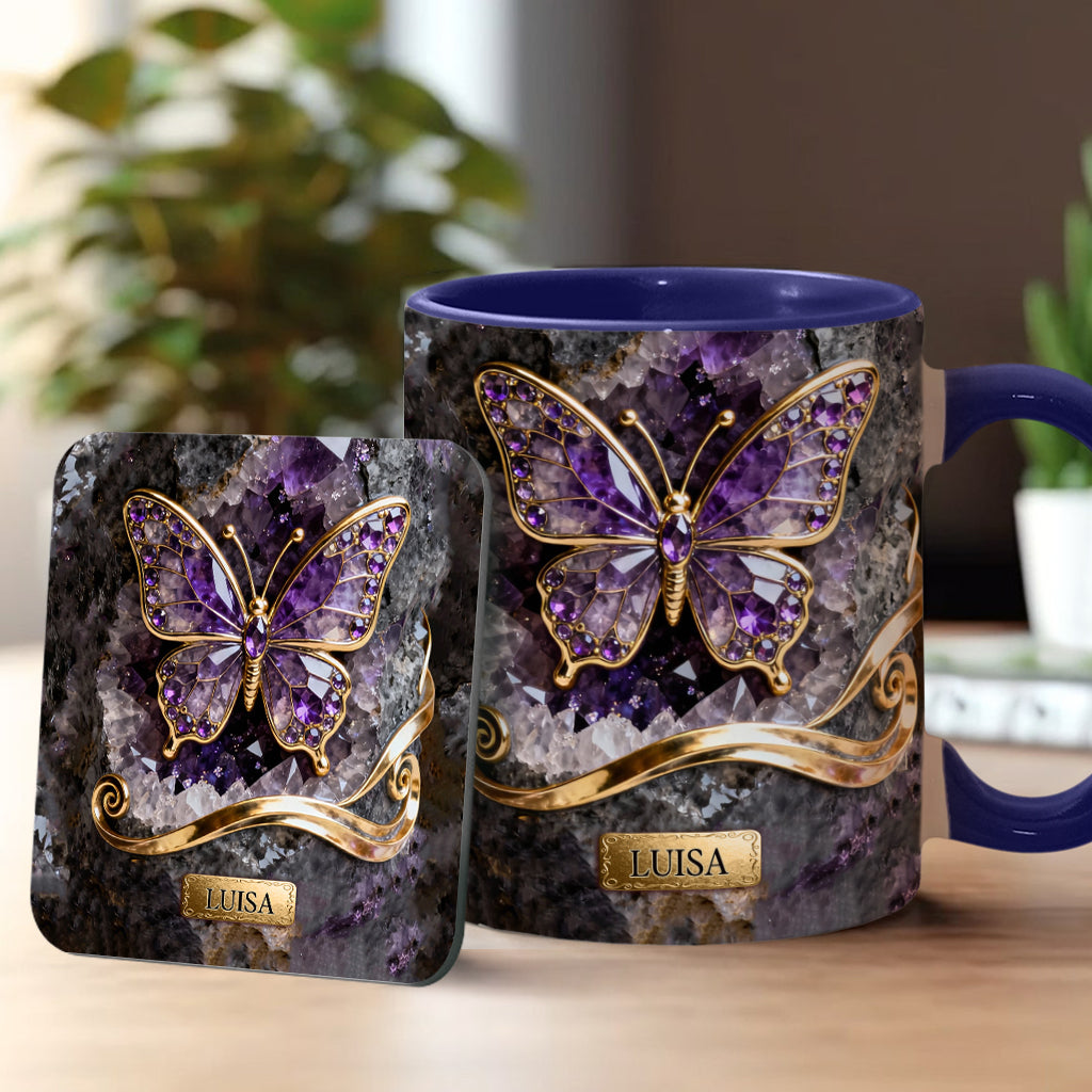 Leuchtender Schmetterling – Personalisierte Tasse und Untersetzer mit Schmetterlingsmotiv