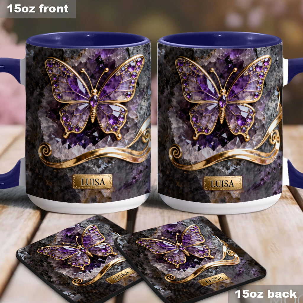 Leuchtender Schmetterling – Personalisierte Tasse und Untersetzer mit Schmetterlingsmotiv