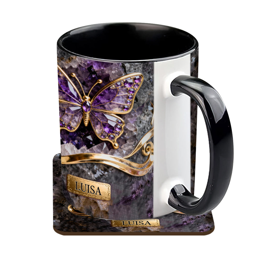 Leuchtender Schmetterling – Personalisierte Tasse und Untersetzer mit Schmetterlingsmotiv