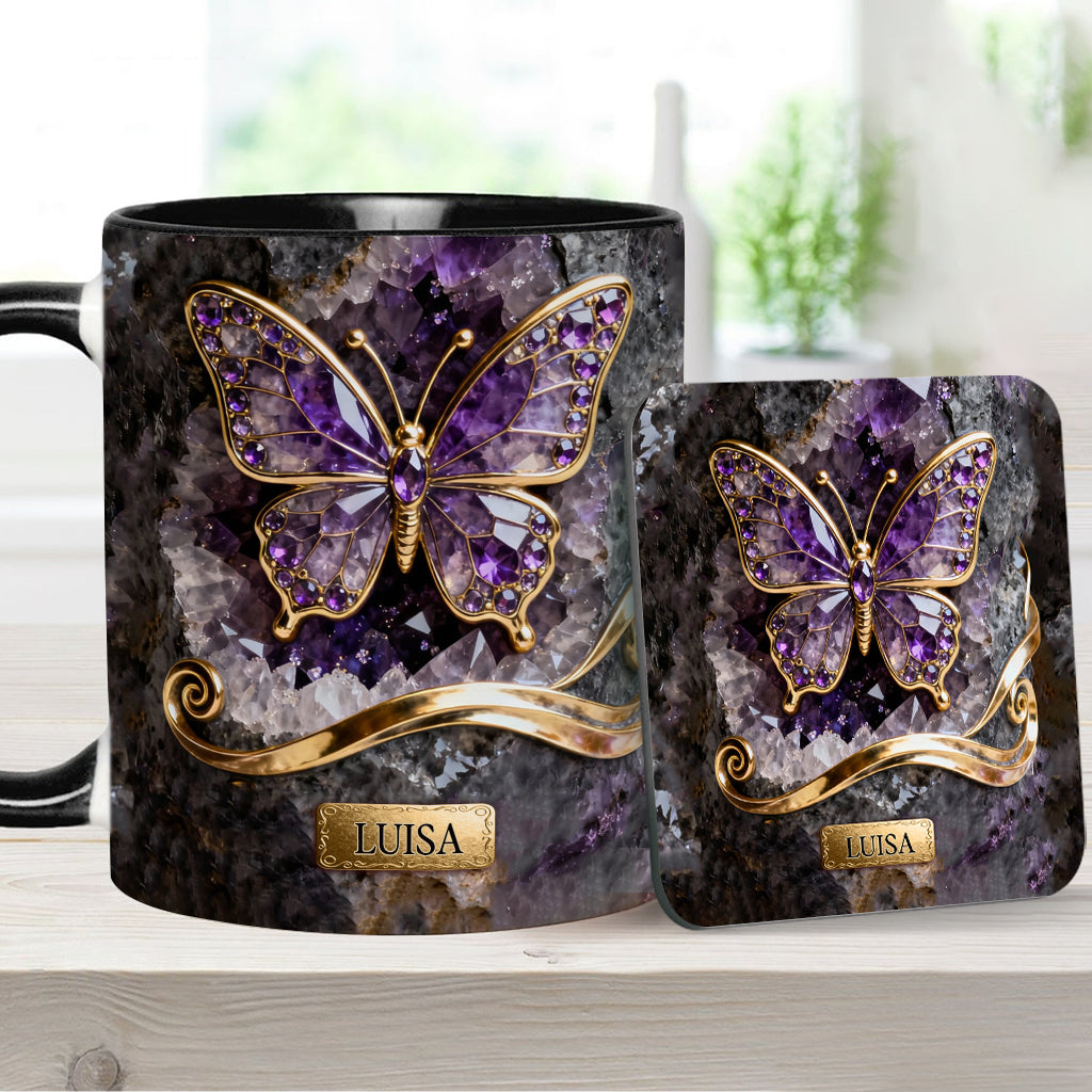 Leuchtender Schmetterling – Personalisierte Tasse und Untersetzer mit Schmetterlingsmotiv