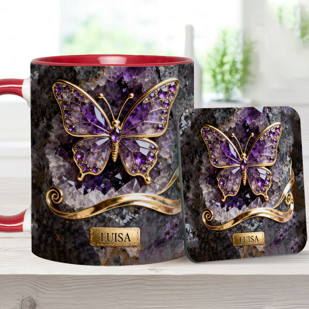 Leuchtender Schmetterling – Personalisierte Tasse und Untersetzer mit Schmetterlingsmotiv