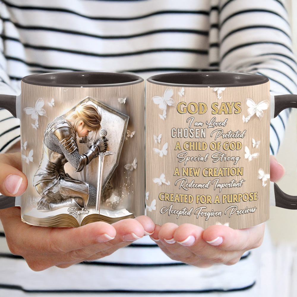 Gott sagt, ich bin ein Krieger – Personalisierte Tasse mit christlichem Akzent