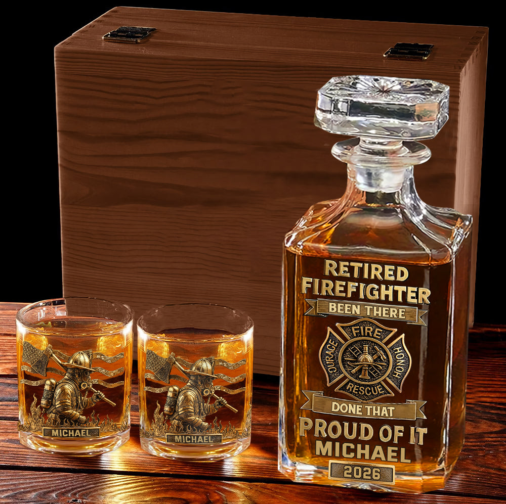 Proud Retired Firefighter - Personalized Firefighter Whiskey Decanter Set