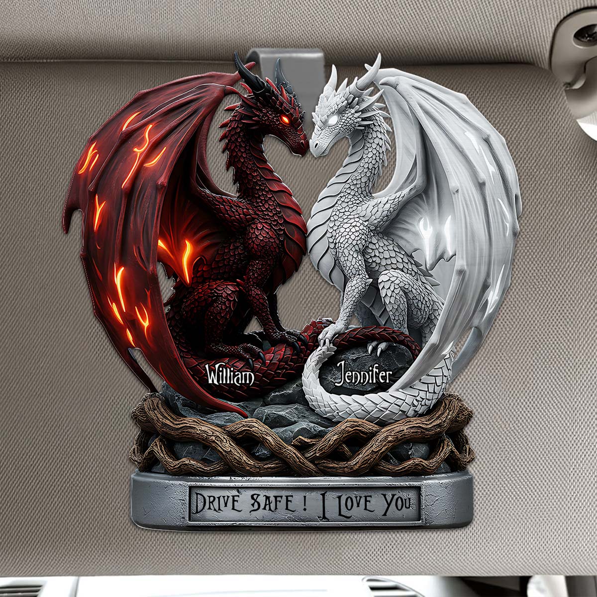 Fahr vorsichtig, ich liebe dich – Personalisierter Auto-Sonnenblendenclip in Pärchenform