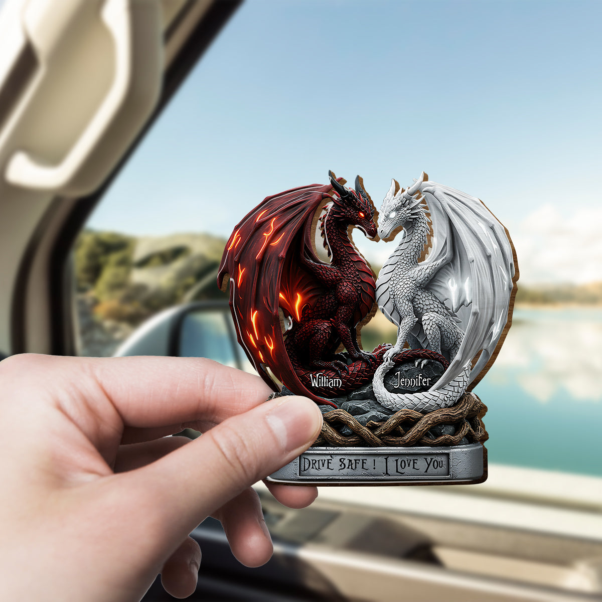 Fahr vorsichtig, ich liebe dich – Personalisierter Auto-Sonnenblendenclip in Pärchenform