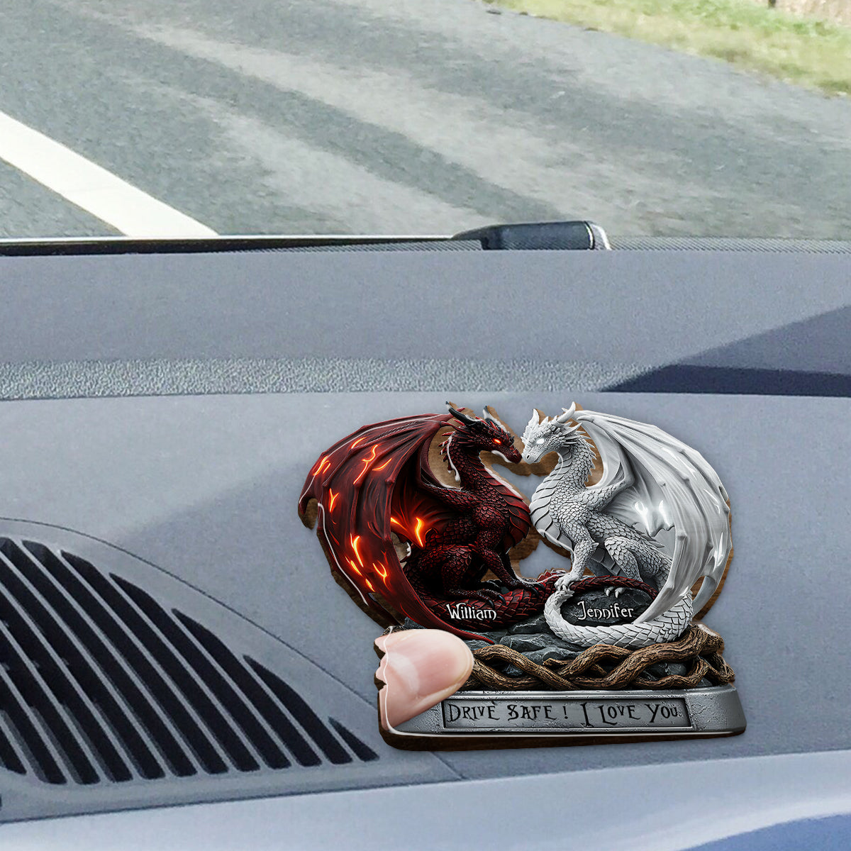 Fahr vorsichtig, ich liebe dich – Personalisierter Auto-Sonnenblendenclip in Pärchenform