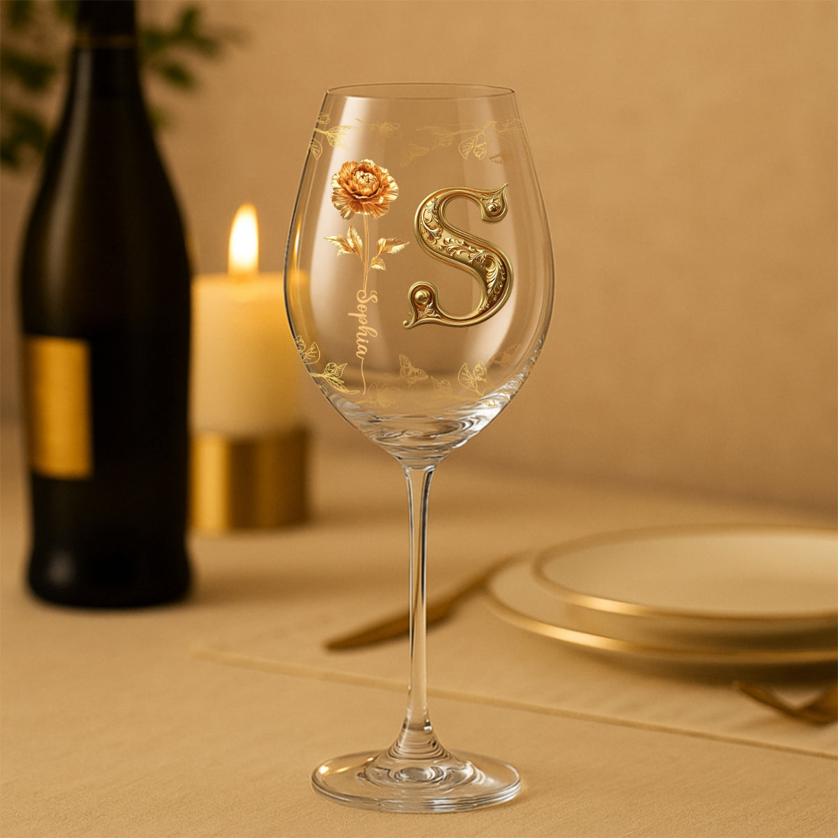 Gold Flowers - Personalized Luxury Wine Glass With Long Stem