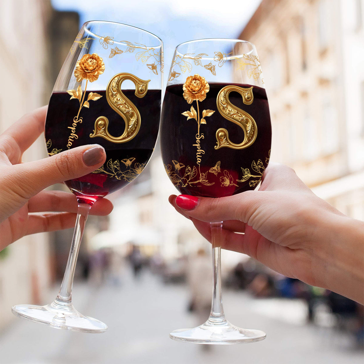 Gold Flowers - Personalized Luxury Wine Glass With Long Stem
