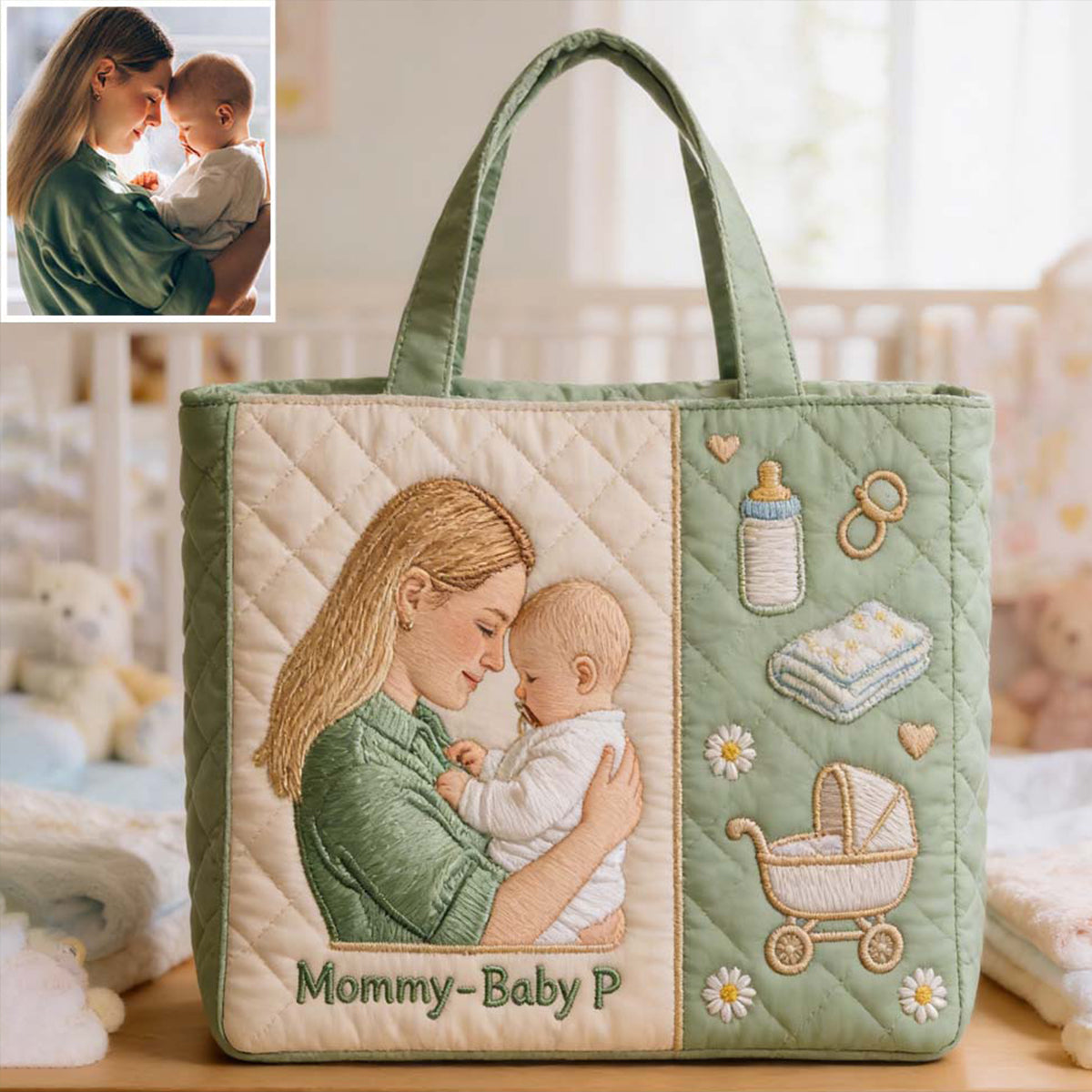 Mom And Baby - 1st Mother's Day Gifts - Personalized Mother Quilted Tote Bag