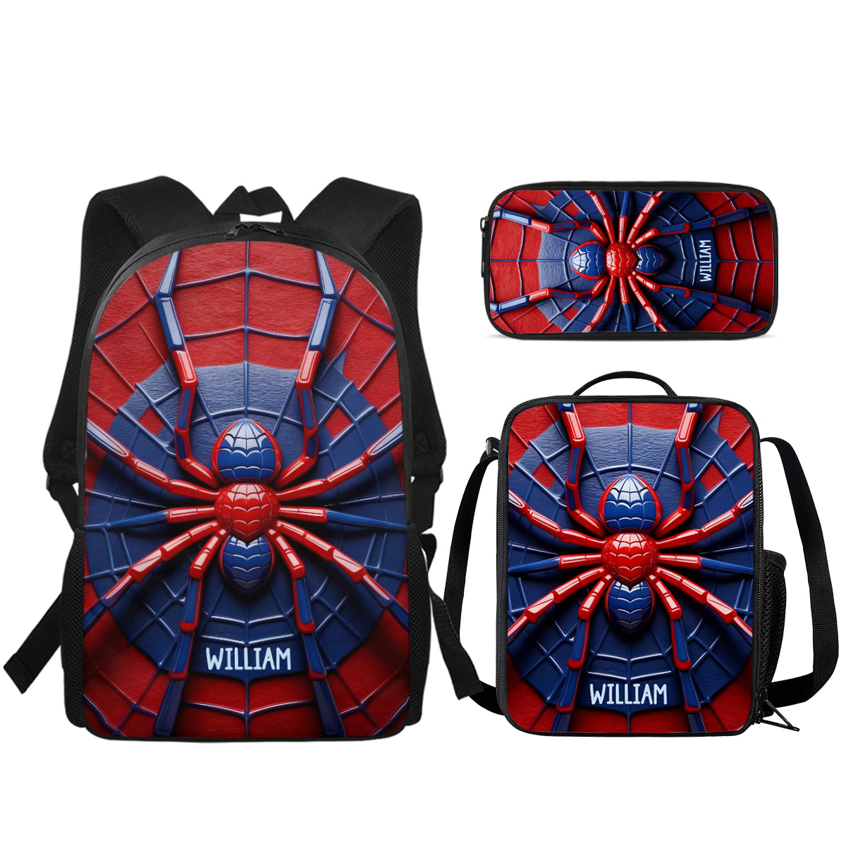Spider - Personalisierter Kinderrucksack, Lunchtasche, Federmäppchen-Set