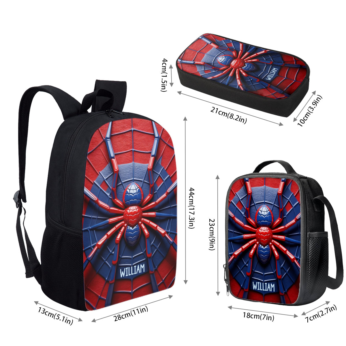 Spider - Personalisierter Kinderrucksack, Lunchtasche, Federmäppchen-Set
