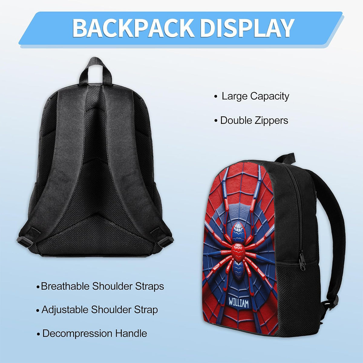 Spider - Personalisierter Kinderrucksack, Lunchtasche, Federmäppchen-Set