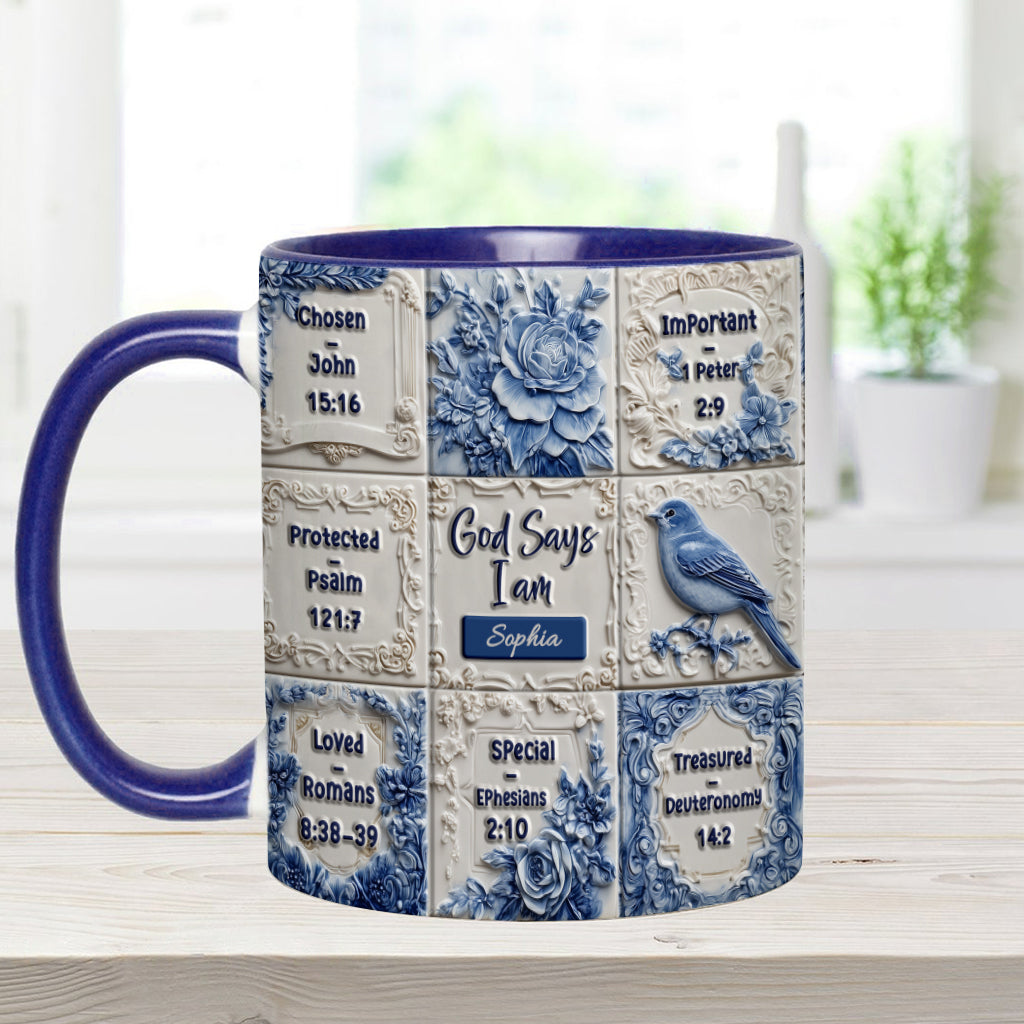 Gott sagt, ich bin es – personalisierte Tasse mit Toile-de-Jouy-Muster und christlichem Akzent