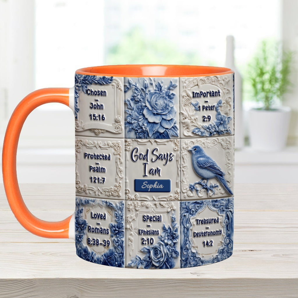 Gott sagt, ich bin es – personalisierte Tasse mit Toile-de-Jouy-Muster und christlichem Akzent