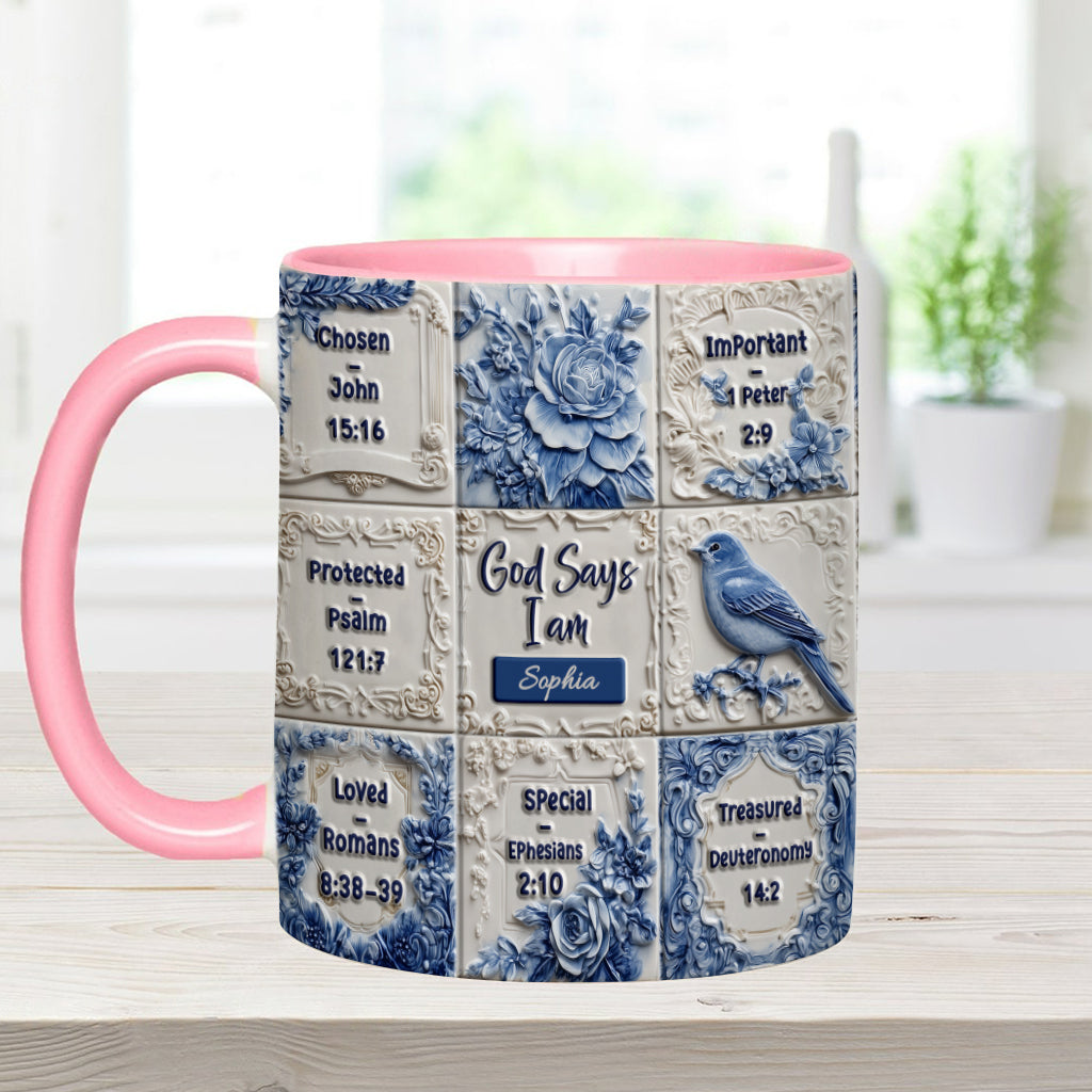 Gott sagt, ich bin es – personalisierte Tasse mit Toile-de-Jouy-Muster und christlichem Akzent