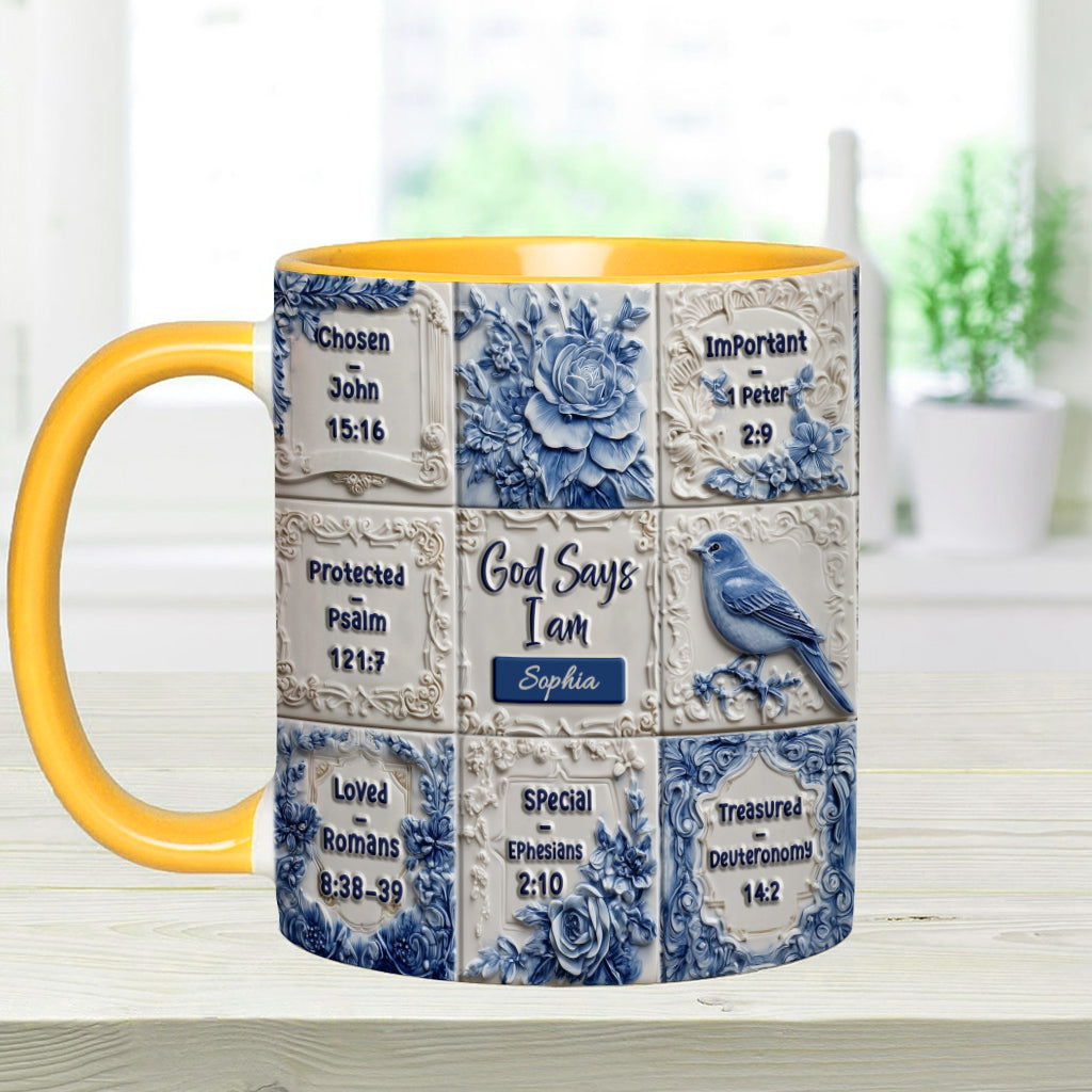 Gott sagt, ich bin es – personalisierte Tasse mit Toile-de-Jouy-Muster und christlichem Akzent