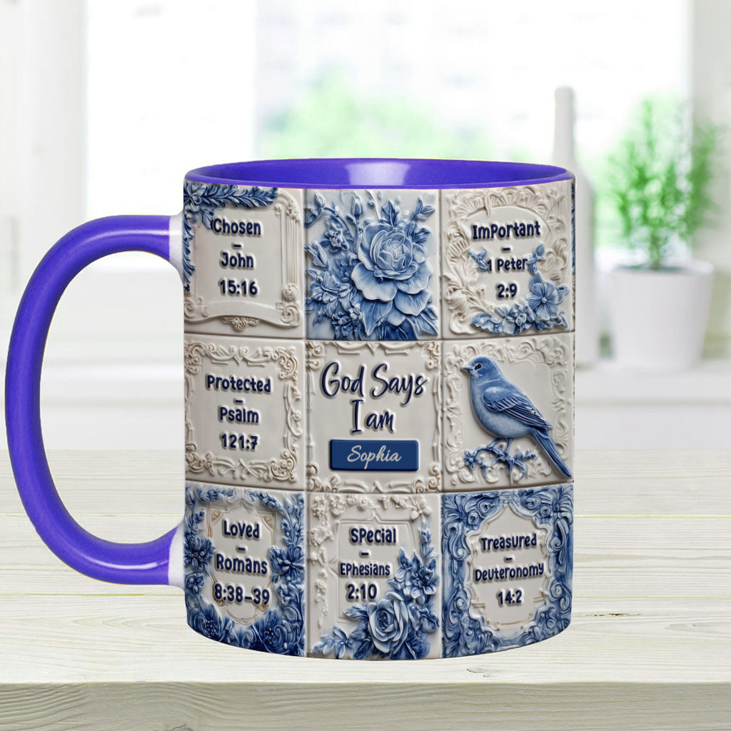 Gott sagt, ich bin es – personalisierte Tasse mit Toile-de-Jouy-Muster und christlichem Akzent