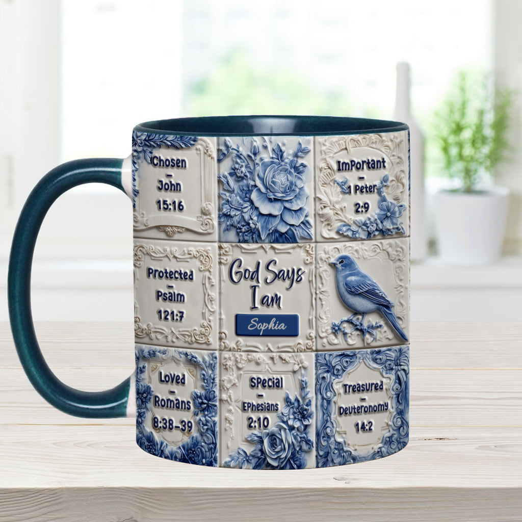Gott sagt, ich bin es – personalisierte Tasse mit Toile-de-Jouy-Muster und christlichem Akzent