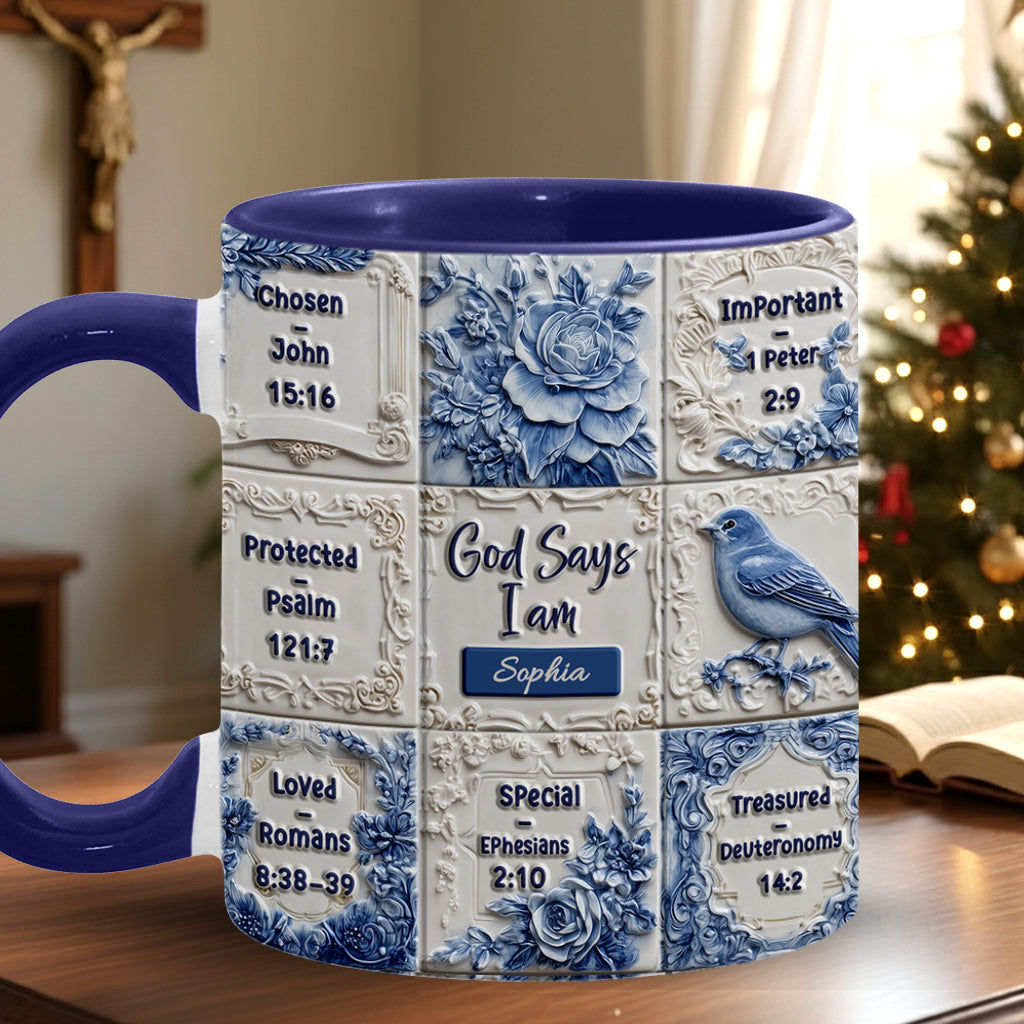 Gott sagt, ich bin es – personalisierte Tasse mit Toile-de-Jouy-Muster und christlichem Akzent